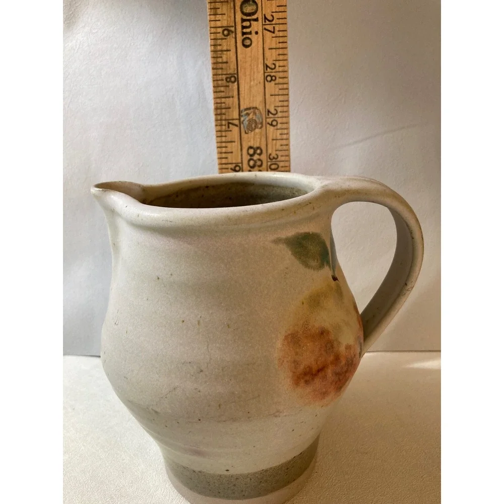 Vintage Studio Pottery Pitcher Hand Painted Peach Fruit Stoneware Creamer 5.5in
